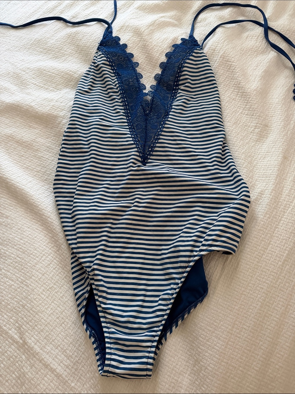 Seafolly Navy and White Striped One-Piece Swimsuit with Lace V-Neck